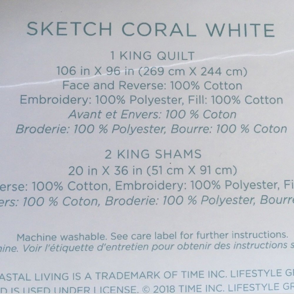 brand new WHITE 3-pc Coastal Living KING Embroidered Coral 100% Cotton Quilt Set - Picture 4 of 6